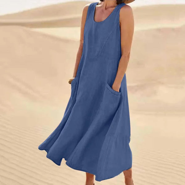 Ärmelloses Damen Midikleid in Leinenoptik, komfortabel, mit Taschen, ein elegantes Freizeitkleid.
