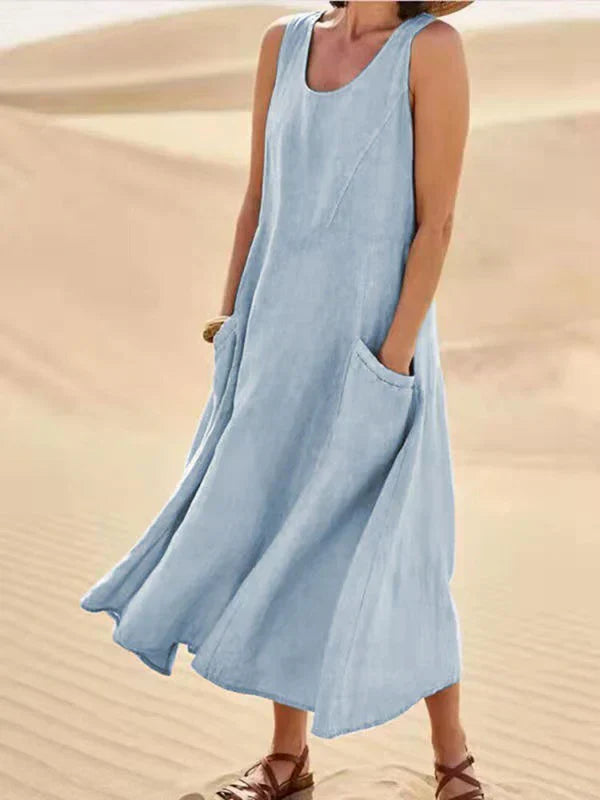Komfortables A-Linien Sommerkleid für Damen, Leinenoptik, ärmellos, mit praktischen Taschen.