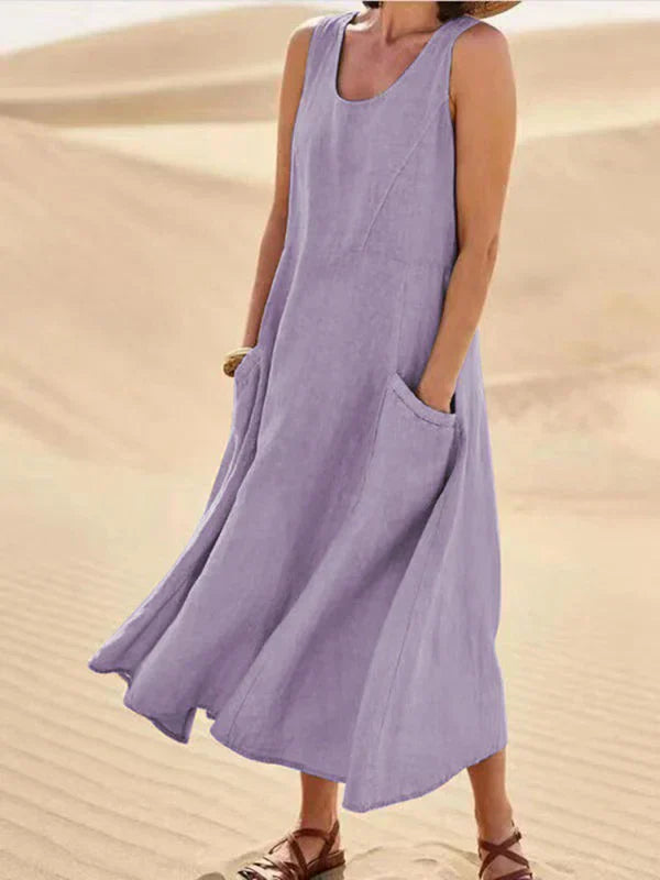 Rosafarbenes Damen Midi-Kleid in Leinenoptik, ärmellos, mit Taschen, ideal für sommerliche Tage.