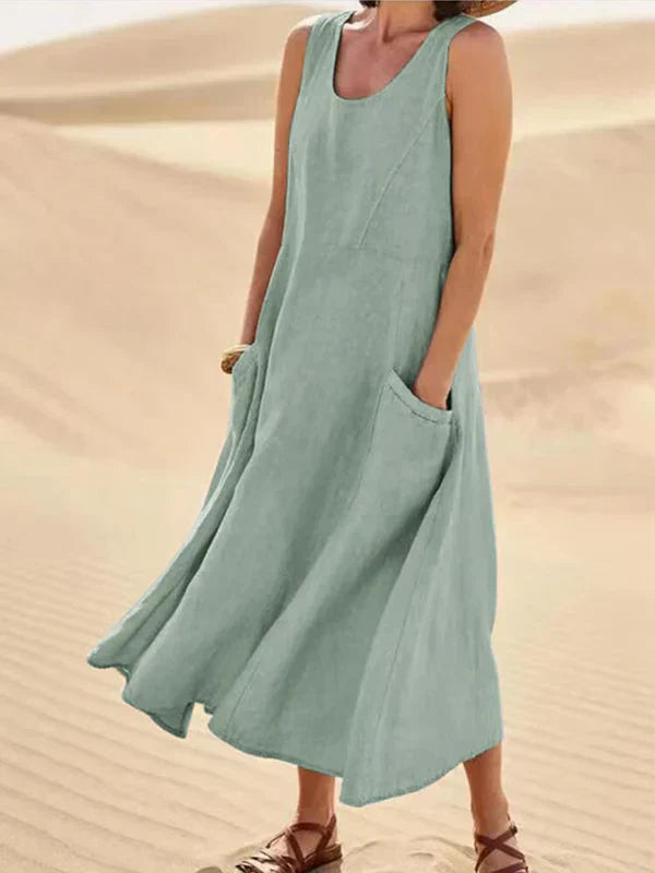 Bequemes A-Linien Damen Midikleid aus Leinenoptik, ärmellos, für einen entspannten Sommerlook.