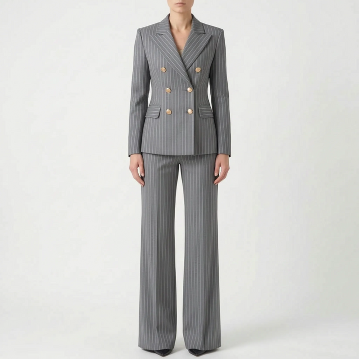 Gestreifte Damen Hose mit weitem Bein, elegant und bequem. Kombinierbar mit passendem Blazer.