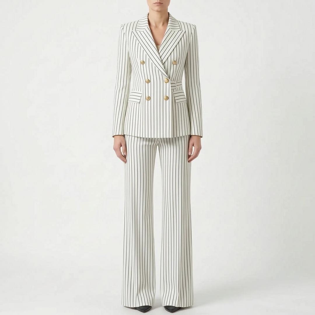 Vielseitiger Damen Hosenanzug, gestreift. Blazer offen getragen, ideal für modische Bürokleidung.