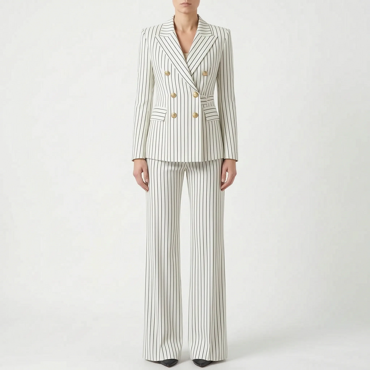 Vielseitiger Damen Hosenanzug, gestreift. Blazer offen getragen, ideal für modische Bürokleidung.