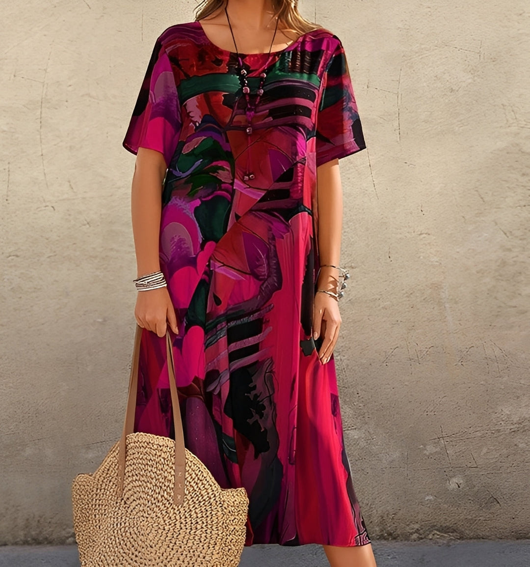 Bequemes Damen Relaxed Fit Kleid mit einzigartigem Statement-Print. Lässiges Kurzarm Freizeitkleid, knielang, Rundhals.
