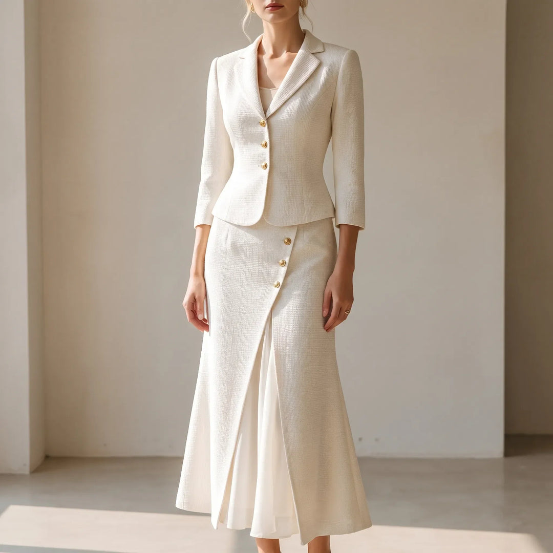 Elegantes Damen Business Kostüm (Blazer & Rock Set) für Komfort im Arbeitsalltag. Formelle Bürokleidung & Herbstmode.