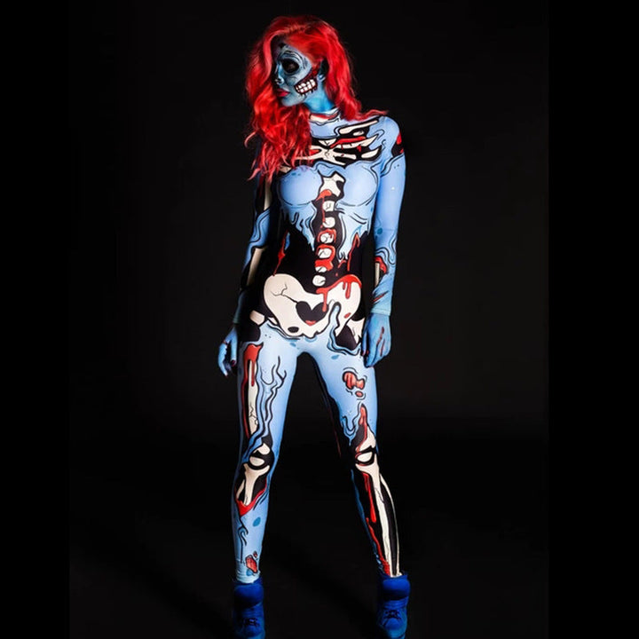 Einzigartiges farbenfrohes Damen Skelettkostüm. Auffälliges Design für ein unvergessliches Halloween & Karneval Outfit.