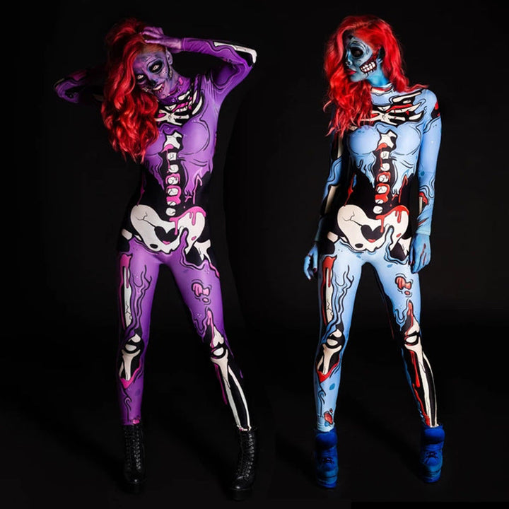Festliches Damen Skelettkostüm aus Polyester, ideal für Halloween, Karneval & Themenpartys. Körperbetonter Einteiler.
