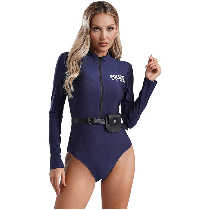 Attraktives Damen Polizeikostüm Langarm Outfit für Rollenspiel & Halloween Party, mit Gürtel.