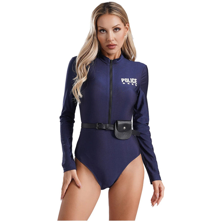 Damen Polizeikostüm Langarm Detail: Gürtel mit Schnalle, Abzeichen & Uniform-Stoff für Themenparty.