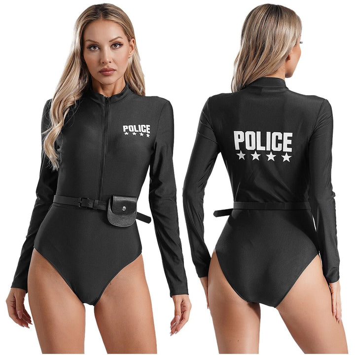 Komplettes Damen Polizeikostüm Langarm Set mit Gürtel für Halloween, Karneval & Mottopartys.