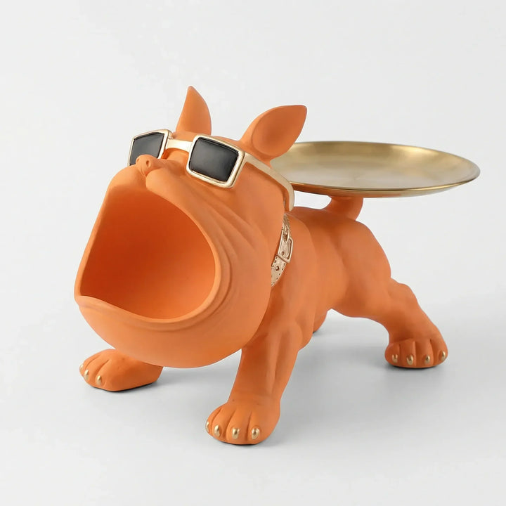 Französische Bulldogge Skulptur mit Tablett. Dekorative Aufbewahrung und Blickfang, tolle Geschenkidee.