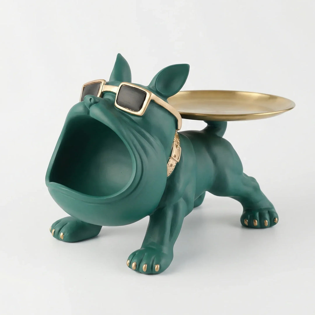 Niedliche französische Bulldogge Statue mit Ablage für Kleinigkeiten. Ein Muss für Tierliebhaber und Dekofans.