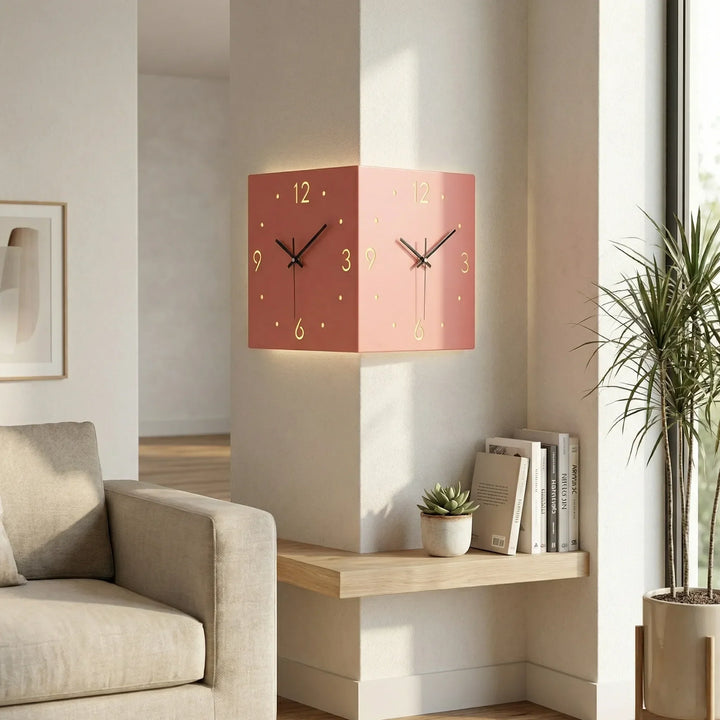 Elegante Eckwanduhr mit zwei Zifferblättern, modern & geräuschlos, stilvolles Wohnaccessoire für Interieur.