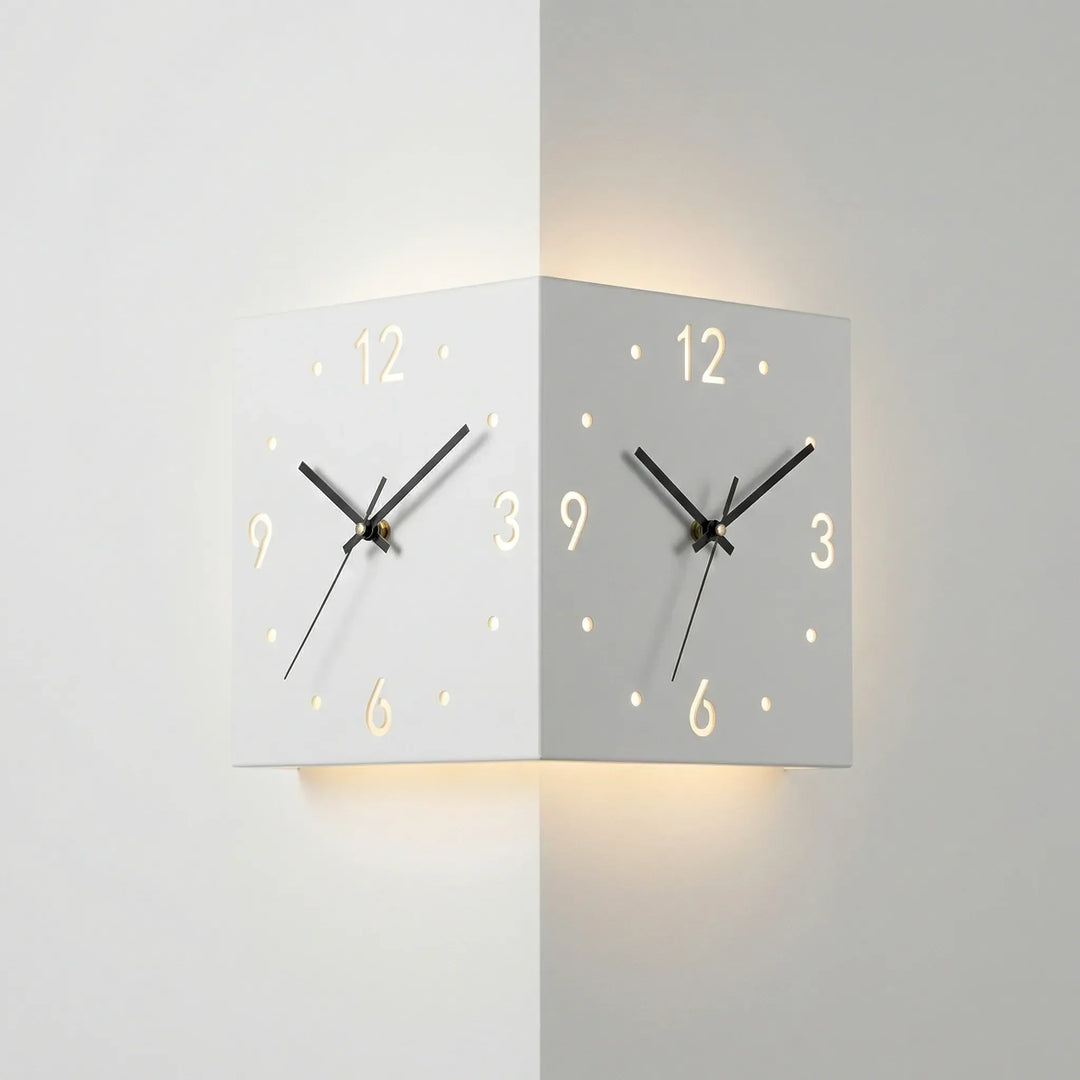 Elegante Wanduhr für Ecken, geräuschlos und mit zwei Zifferblättern, modernes Wohnaccessoire für Ihr Zuhause.