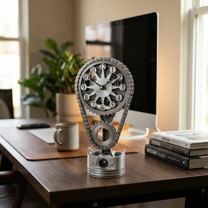 Industrielle Zahnrad-Tischuhr mit sichtbarer Mechanik, im Vintage-Stil für Schreibtisch oder Regal.