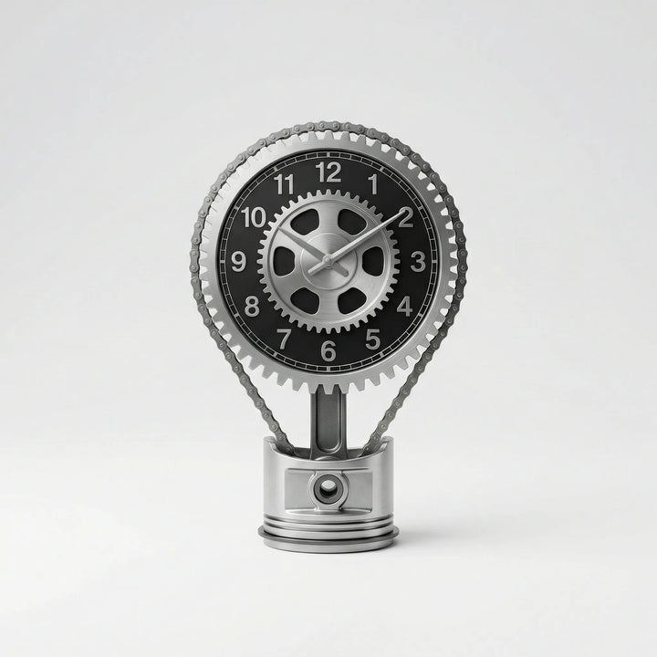 Tischuhr im Industriestil, sichtbare Zahnradmechanik. Vintage-Designuhr als stilvolle Dekoration.