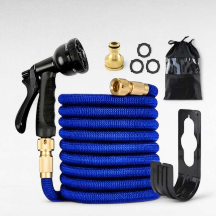 Dehnbarer Outdoor-Gartenschlauch, knickfrei & robust, in Blau, für effektive Bewässerung aller Flächen.