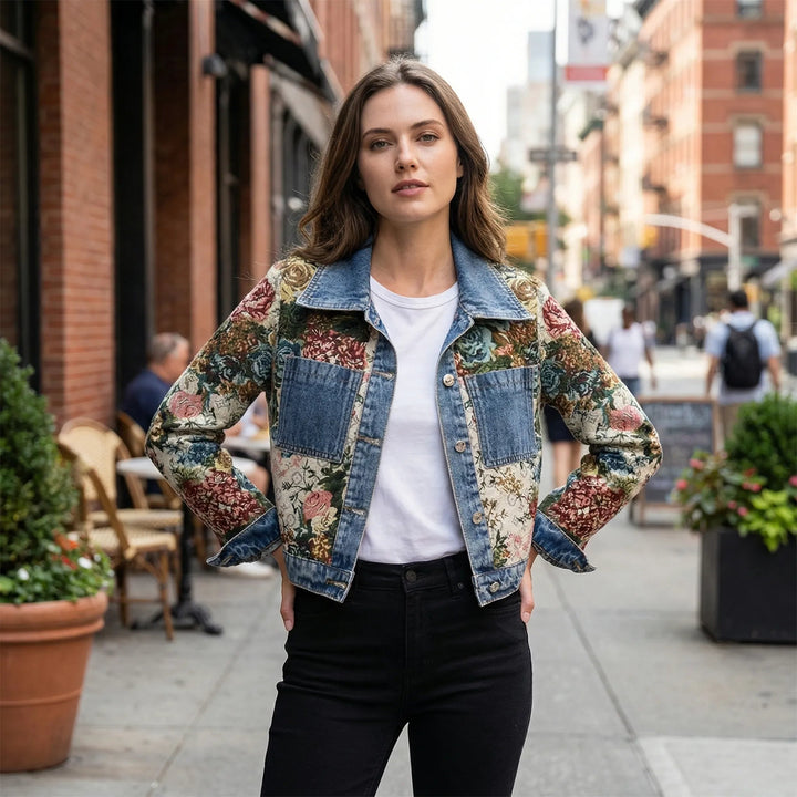 Stilvolle Damen Jeansjacke kurz geschnitten, mit modernem Statement-Design für Freizeit und Streetstyle.