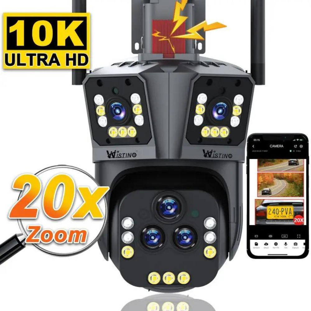Robuste WLAN-Außenkamera 20MP mit 20x Zoom, ideal für 360° Überwachung ums Haus.