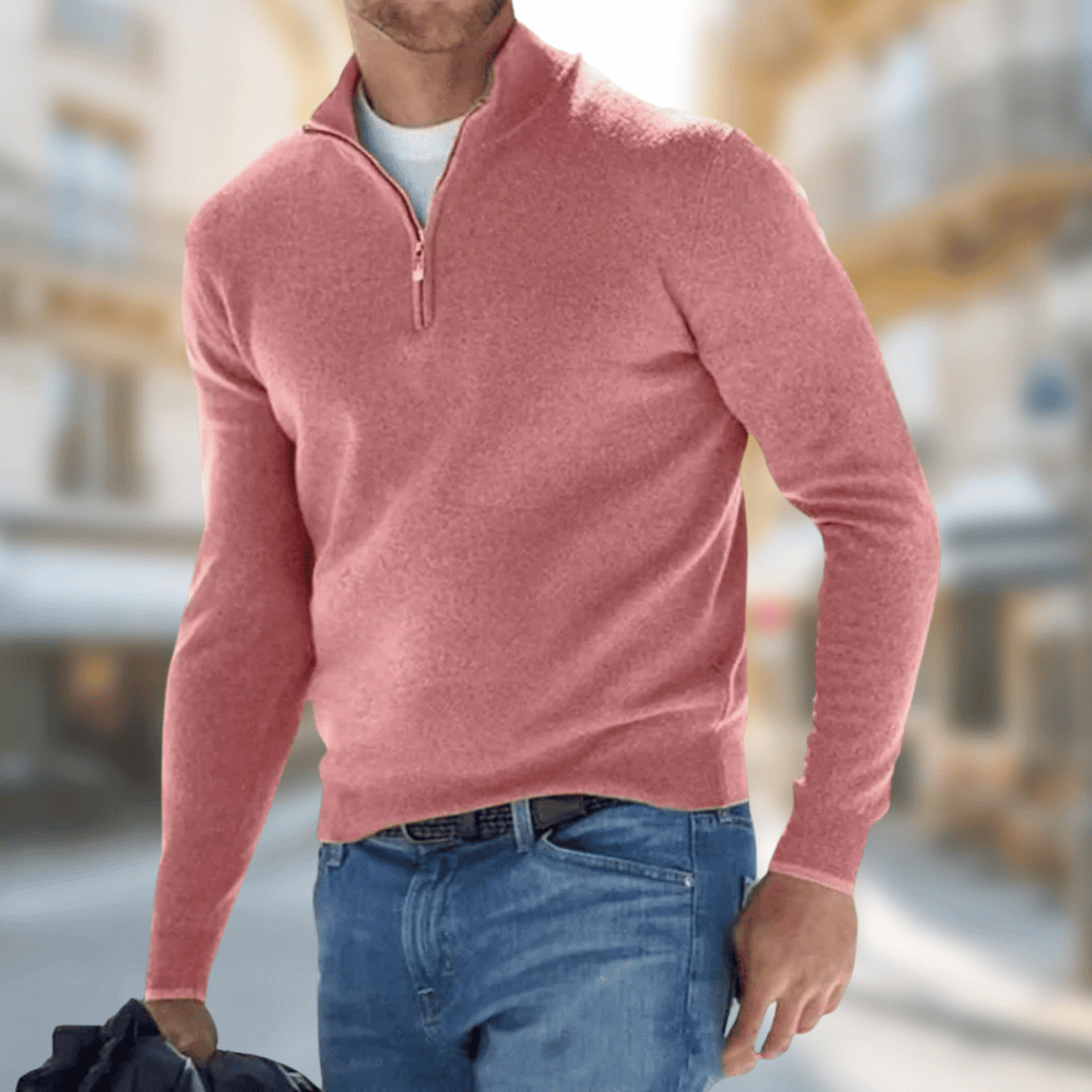 Hochwertiger Herrenpullover mit Reißverschluss-Stehkragen, kombiniert Komfort & lässigen Stil.