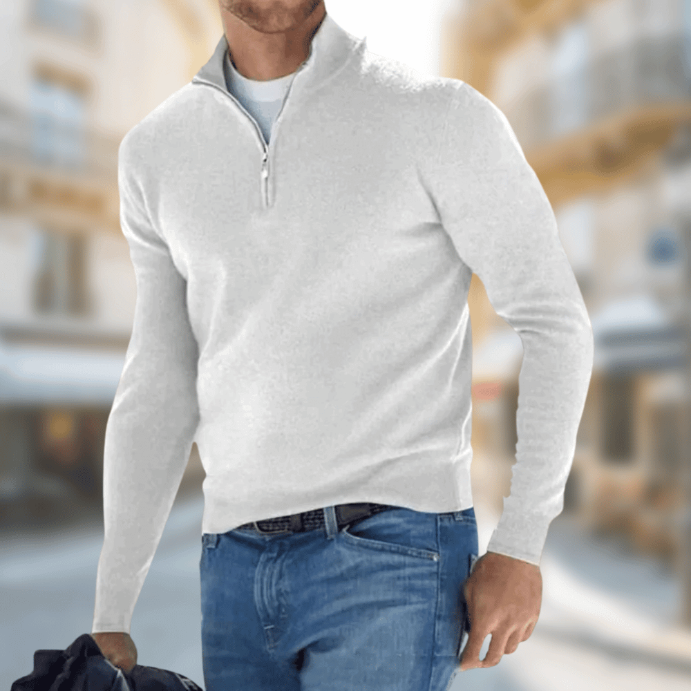 Eleganter Herren-Freizeitpullover mit Stehkragen und Reißverschluss für stilvolle Herrenmode.