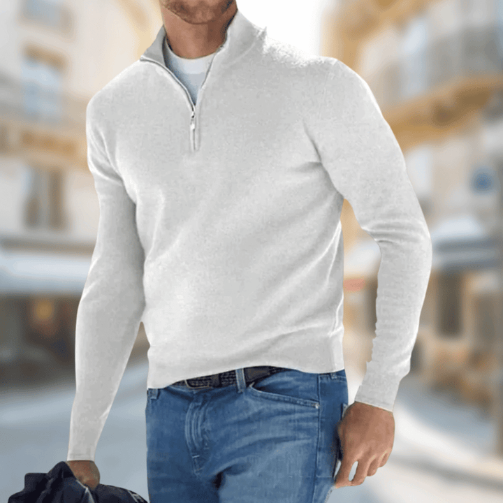 Eleganter Herren-Freizeitpullover mit Stehkragen und Reißverschluss für stilvolle Herrenmode.