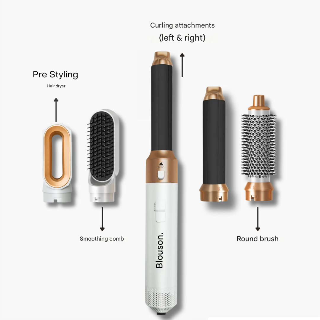 Damen nutzen den 5-in-1 Haarstyler: Kreieren mühelos Locken, Glätte oder Volumen mit einem Gerät.