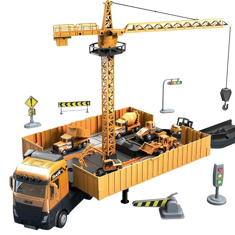 Kinder Baustellen-Laster 2-in-1 Spielzeug LKW mit Licht & Sound, transformierbares Baufahrzeug für Rollenspiele.