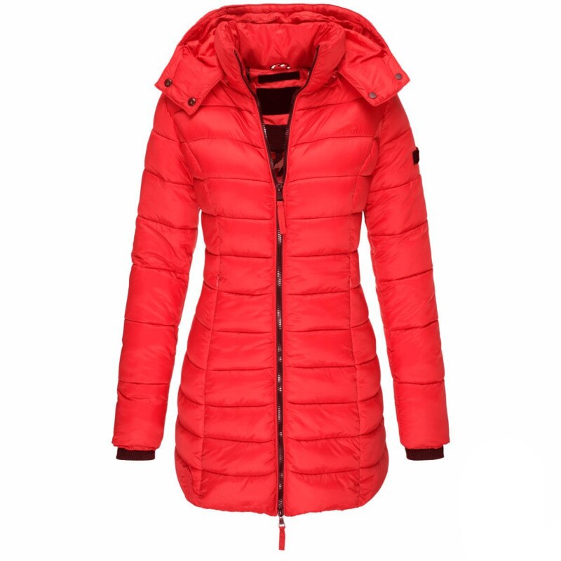 Rückenansicht der warmen Damen-Daunenjacke mit Kapuze. Funktionale & bequeme Winter-Oberbekleidung.