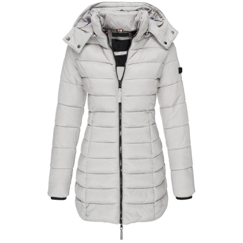 Elegante Damen-Daunenjacke mit Kapuze für Herbst & Winter. Stilvolle, warme und gemütliche Freizeitjacke.