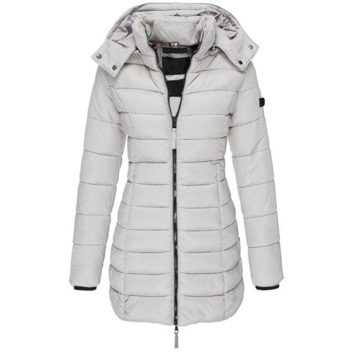 Elegante Damen-Daunenjacke mit Kapuze für Herbst & Winter. Stilvolle, warme und gemütliche Freizeitjacke.
