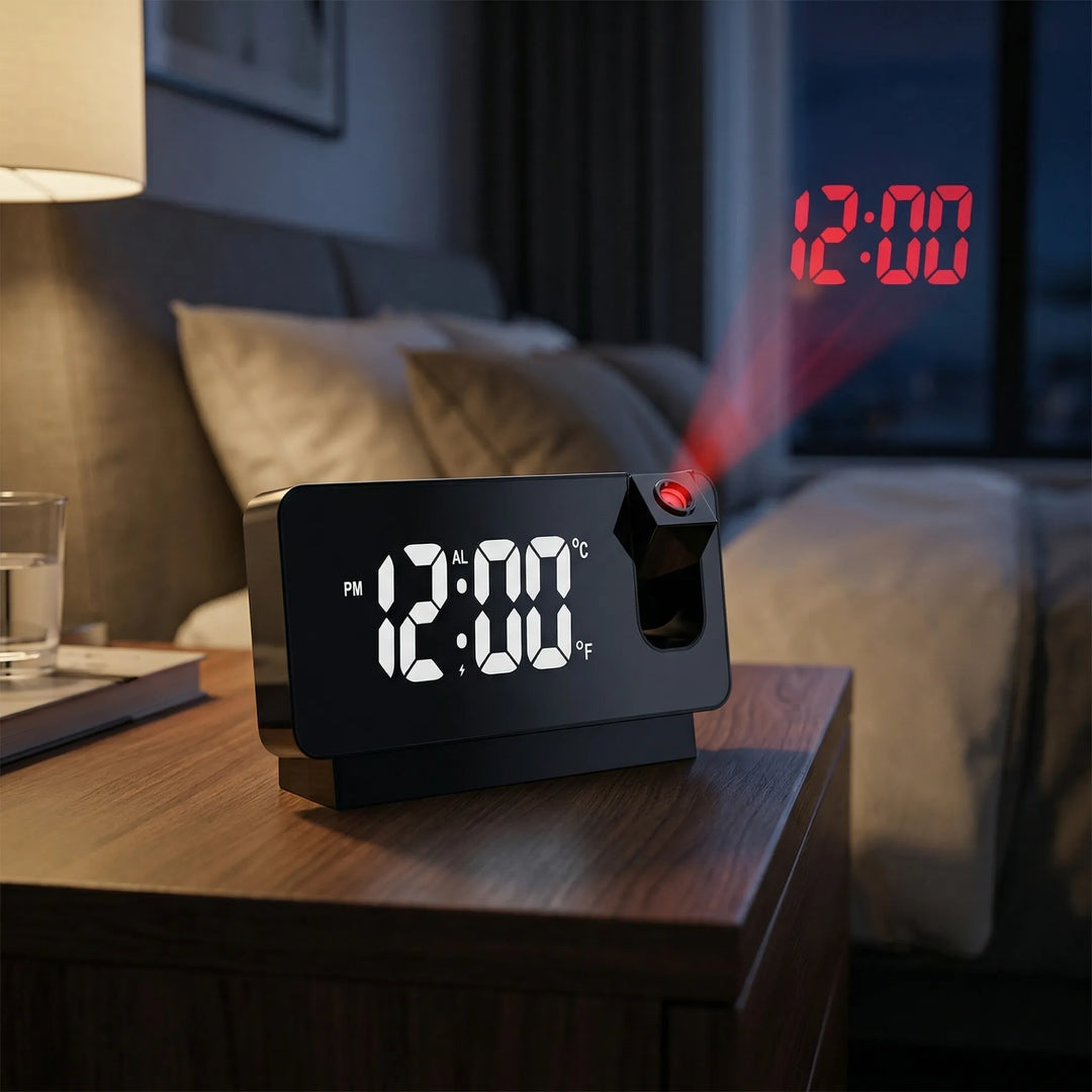 Digitaler Projektionswecker für Schlafzimmer, Uhrzeit an Wand/Decke projiziert, mit roter LED-Anzeige.