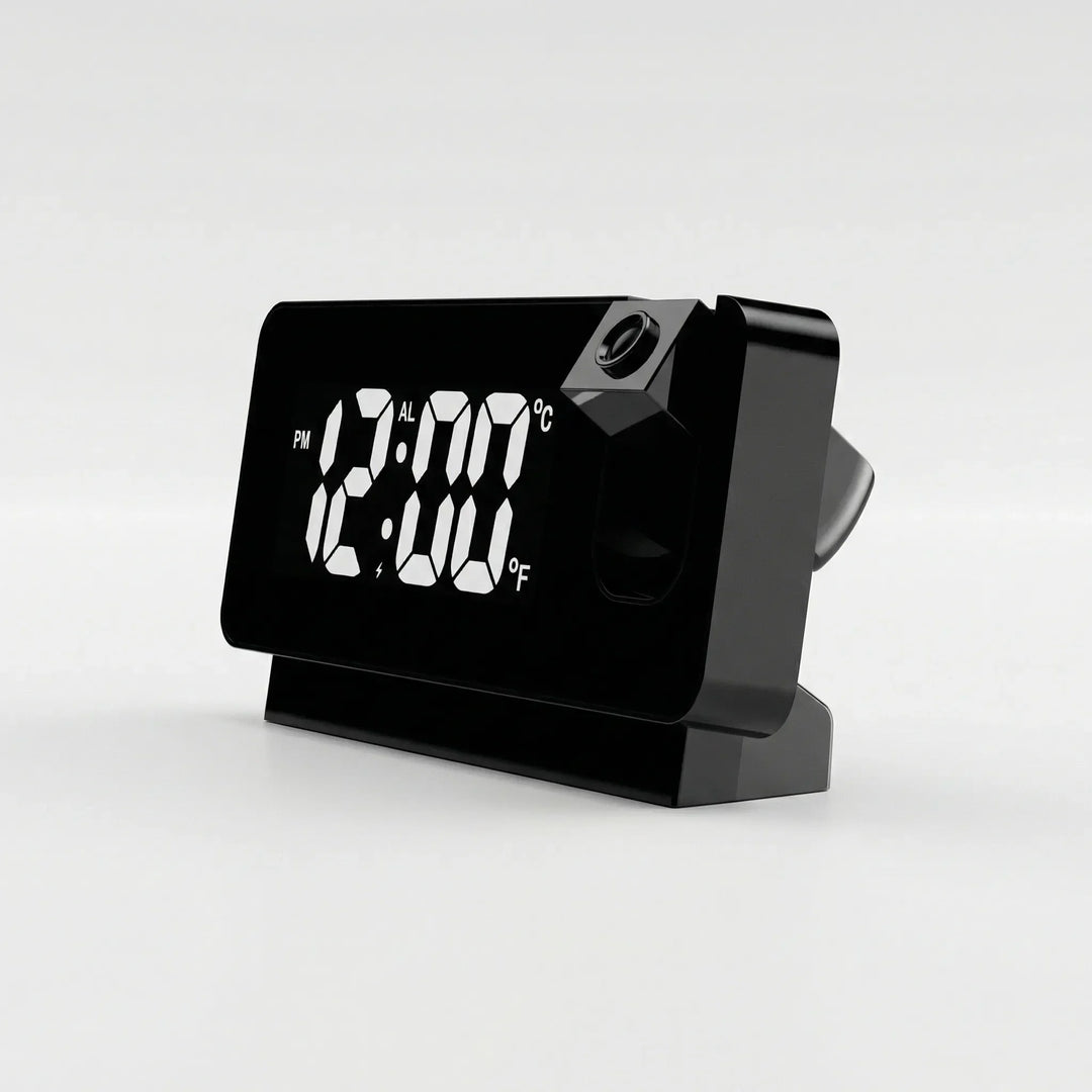 USB-Projektionswecker in Schwarz mit klarer Digitalanzeige, Doppelalarm & Zeitprojektion an Wand.
