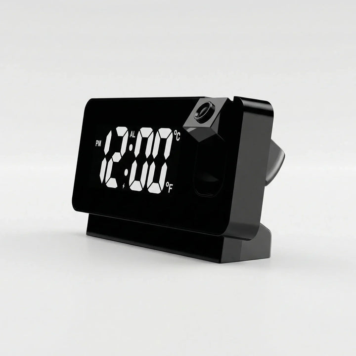 USB-Projektionswecker in Schwarz mit klarer Digitalanzeige, Doppelalarm & Zeitprojektion an Wand.