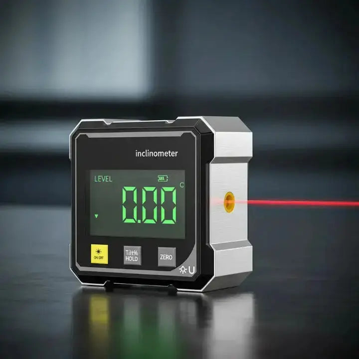 Hochauflösendes digitales Winkelmessgerät mit beleuchtetem Display für klare, präzise Winkelanzeige.