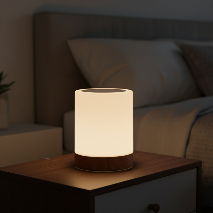Dimmbares Ambienceo LED-Nachttischlicht mit Touchsteuerung, ideal für stimmungsvolle Beleuchtung im Schlafzimmer.