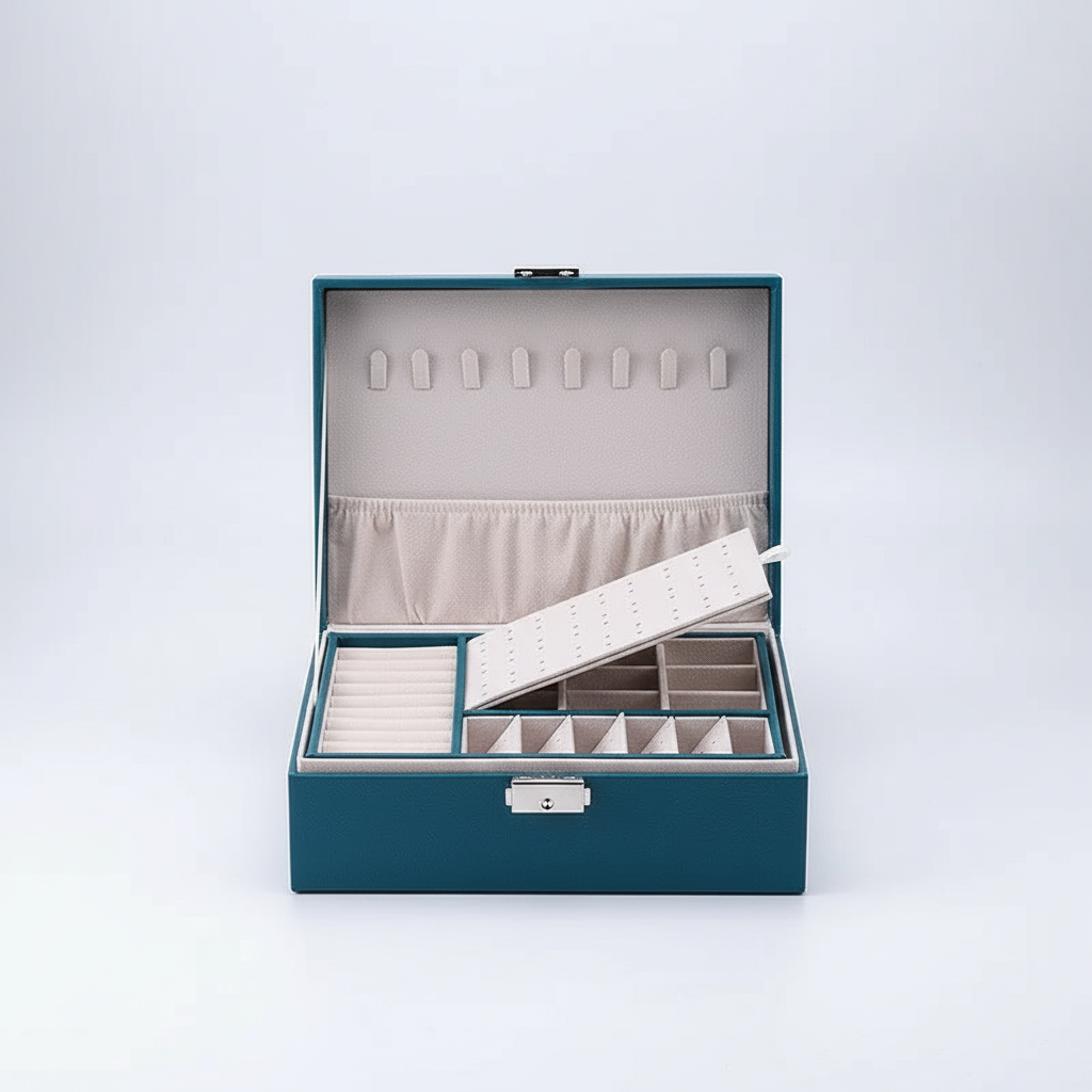 Damen Schmuckbox doppellagig aus PU-Leder, mit Schloss – hält Ihre wertvollen Schätze stilvoll organisiert.