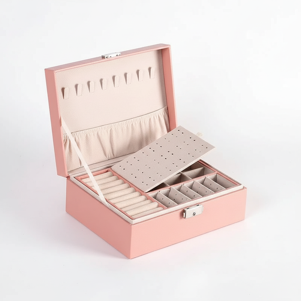Praktische doppellagige Schmuckbox aus PU-Leder mit Schloss, vielseitig nutzbar zur Schmuckorganisation.