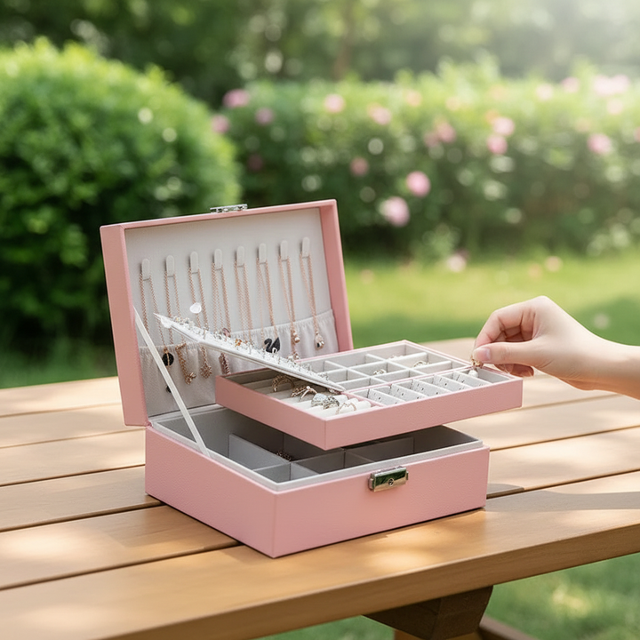 Damen Schmuckbox doppellagig aus PU-Leder mit Schloss, ideal zur sicheren Schmuckaufbewahrung und Organisation.