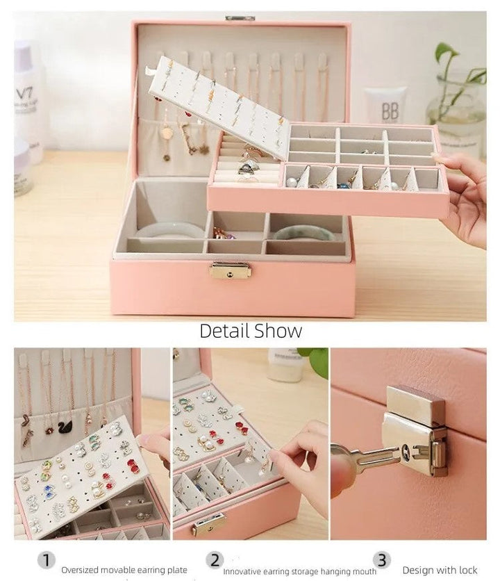 Organisieren Sie Ihren Schmuck stilvoll mit dieser doppellagigen PU-Leder Schmuckbox mit elegantem Schloss.