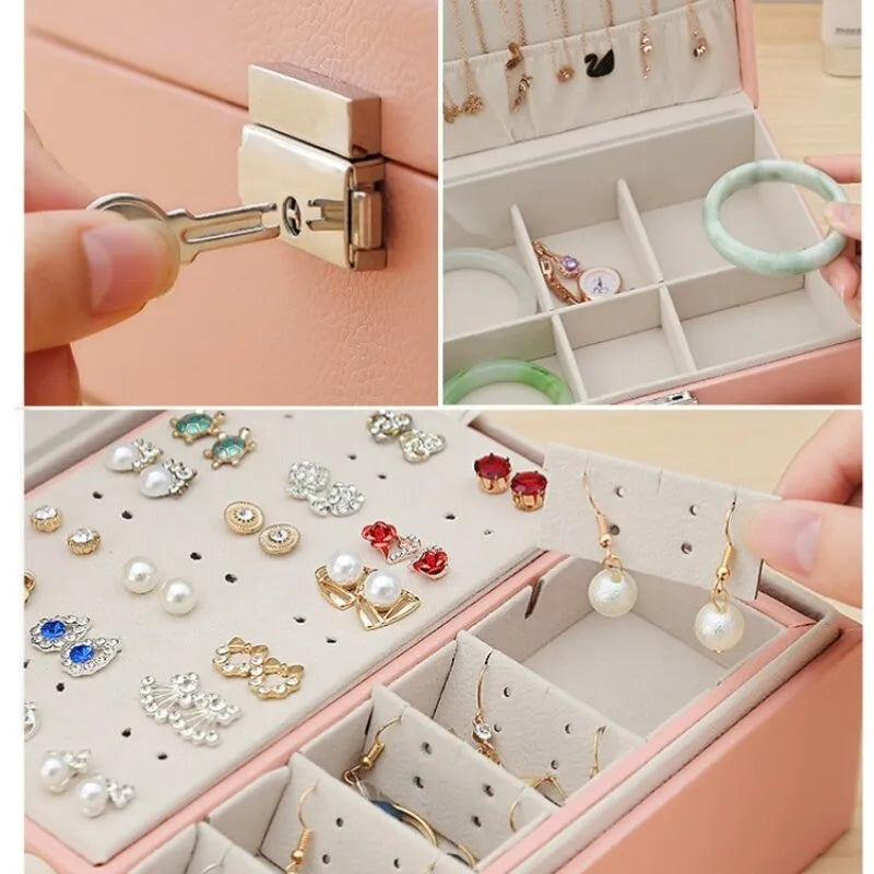 Elegante geschlossene Schmuckbox aus PU-Leder, doppellagig mit glänzendem Schloss – perfekte Schmuckaufbewahrung.
