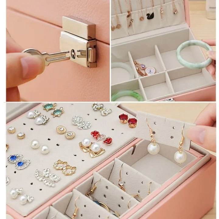 Elegante geschlossene Schmuckbox aus PU-Leder, doppellagig mit glänzendem Schloss – perfekte Schmuckaufbewahrung.