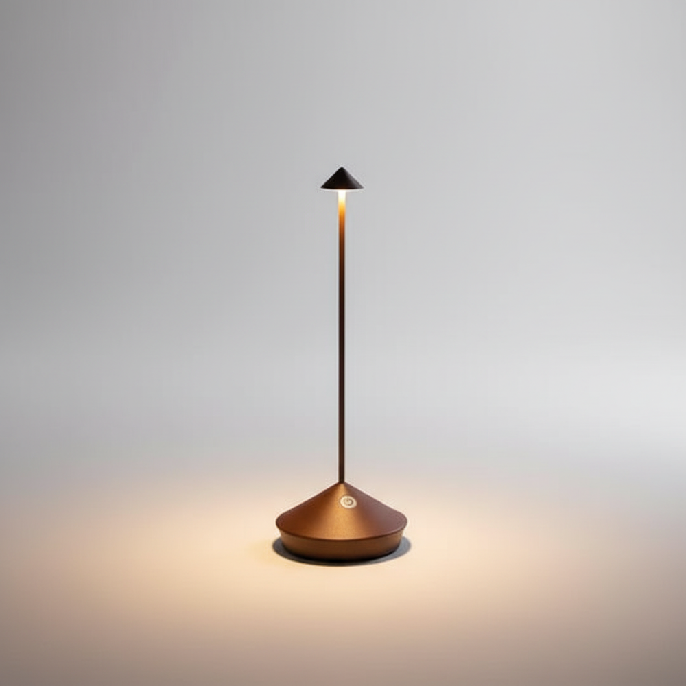 Tragbare ModernLumin LED-Lampe, kabellos, für stimmungsvolle Outdoor-Esstische.