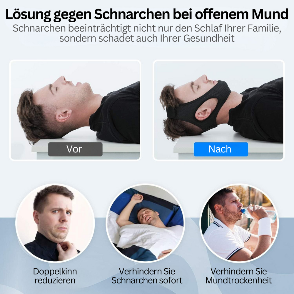 Komfortables, atmungsaktives Anti-Schnarch-Kinnband. Sanfte Kieferunterstützung für schnarchfreie Nachtruhe.
