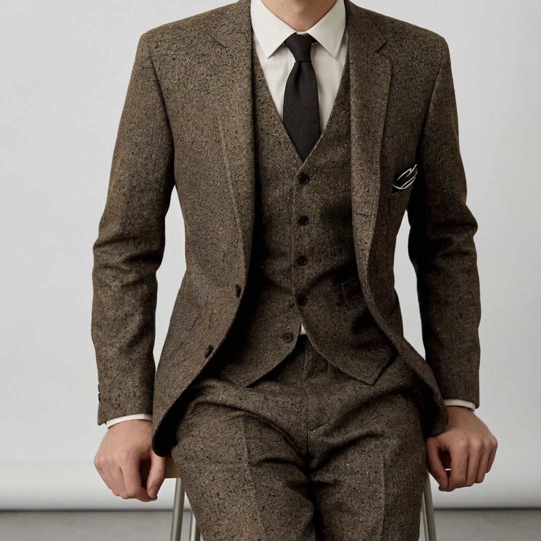 Festlicher Herren Hochzeitsanzug im Slim-Fit Dreiteiler-Stil. Formelle Eleganz.