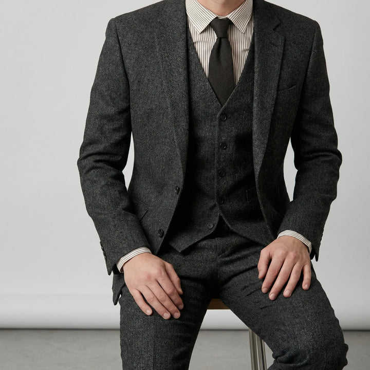 Stylisher Slim-Fit Herrenanzug. Dieser dreiteilige Anzug strahlt moderne Eleganz aus.