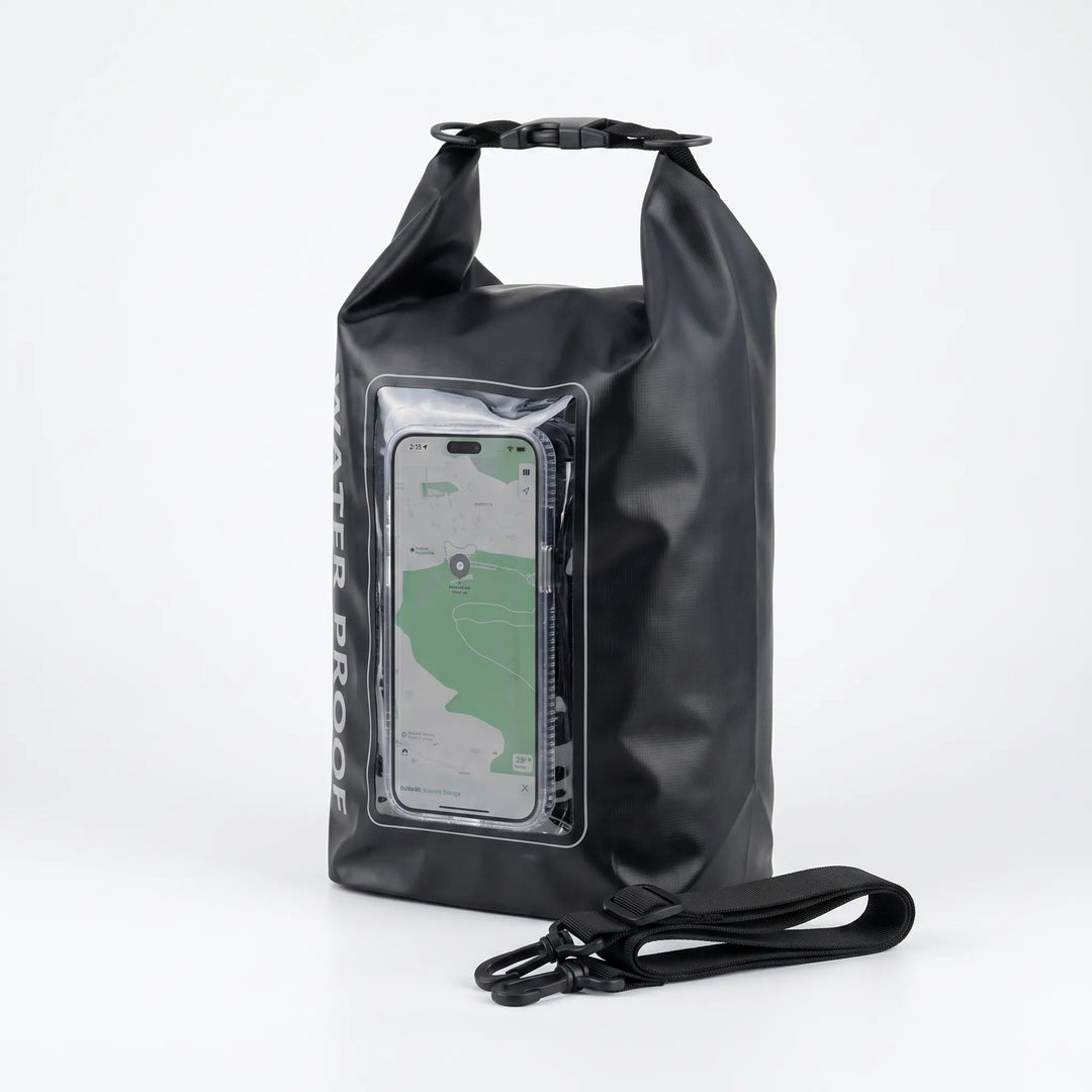 Wasserdichter Drybag mit Rolltop & transparentem Touchscreen-Fenster, für sicheres Outdoor-Erlebnis.