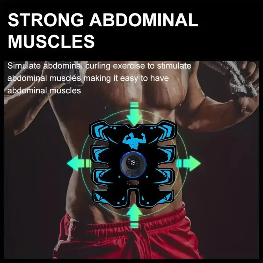 Kabelloser EMS Muskelstimulator am Bauch für gezieltes Bauchtraining und Straffung. Ideal für Heimfitness.