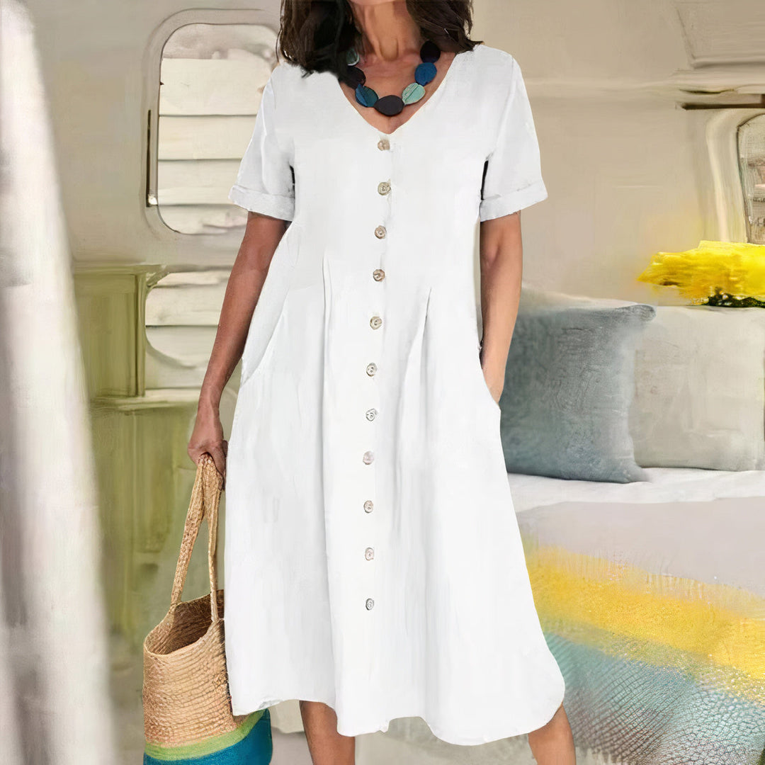 Damen Sommerkleid "Noor" aus Baumwolle-Leinen, bequem & luftig für warme Tage.