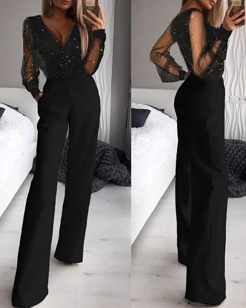 Eleganter schwarzer Damen Glitzer-Jumpsuit für festliche Anlässe und stilvolle Abendmode, bequem und schick.